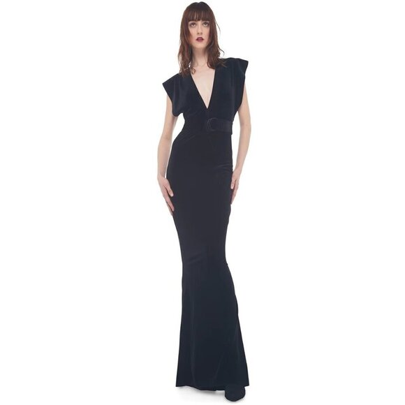 Norma Kamali V Neck Rectangle Velvet Gown in Black Small New Womens Long Dress - Picture 10 of 16